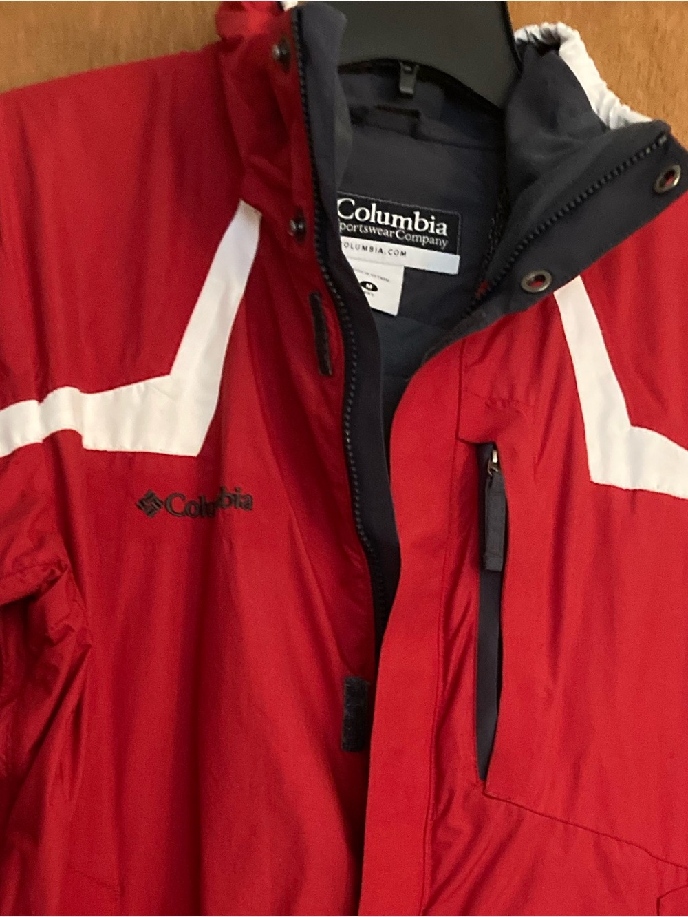 Columbia Men’s Red Ski Jacket with White Accents and Removable Hood
